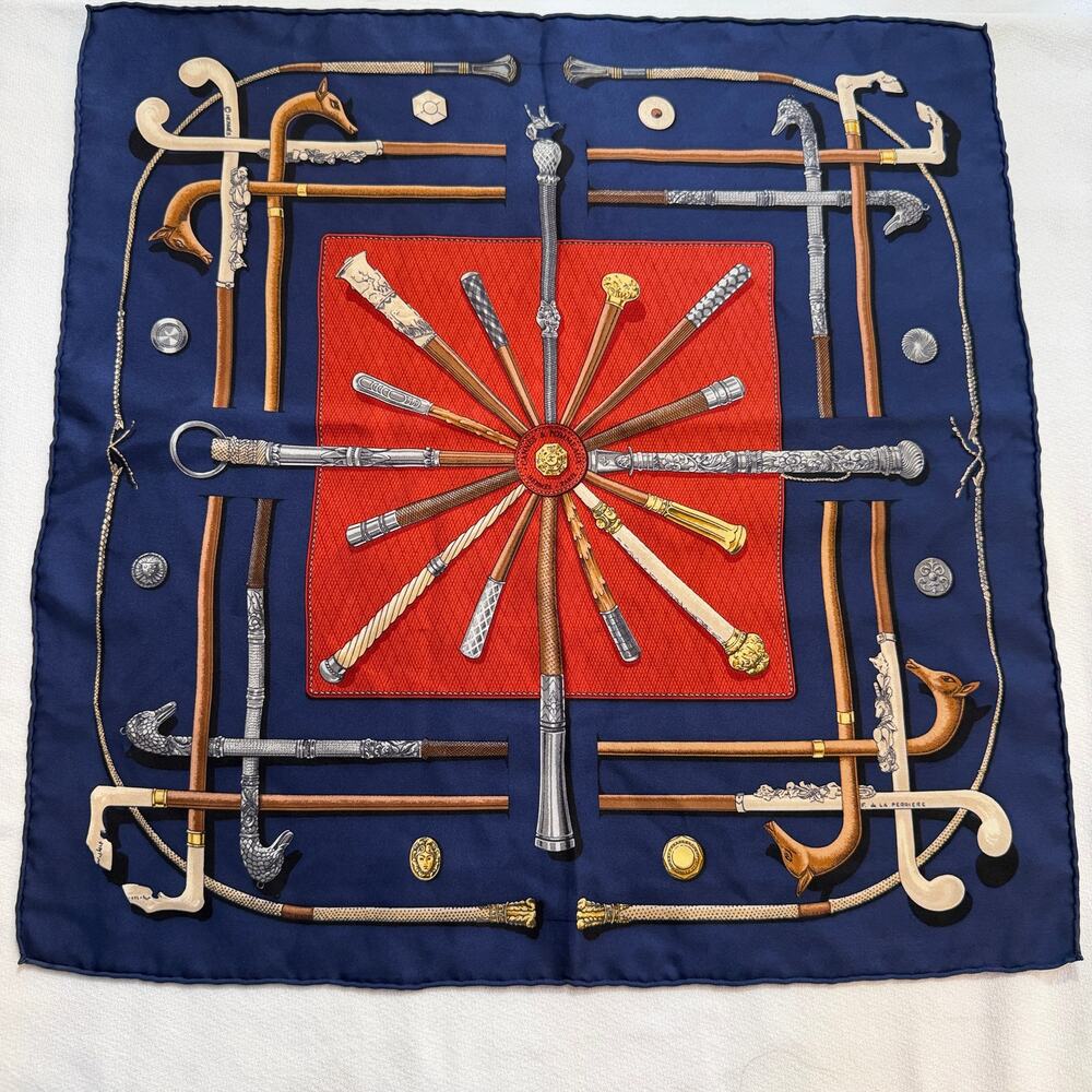 Hermes Paris Blue & Red gavroche "Cannes & Pommeaux" 100% Silk Pocket Square